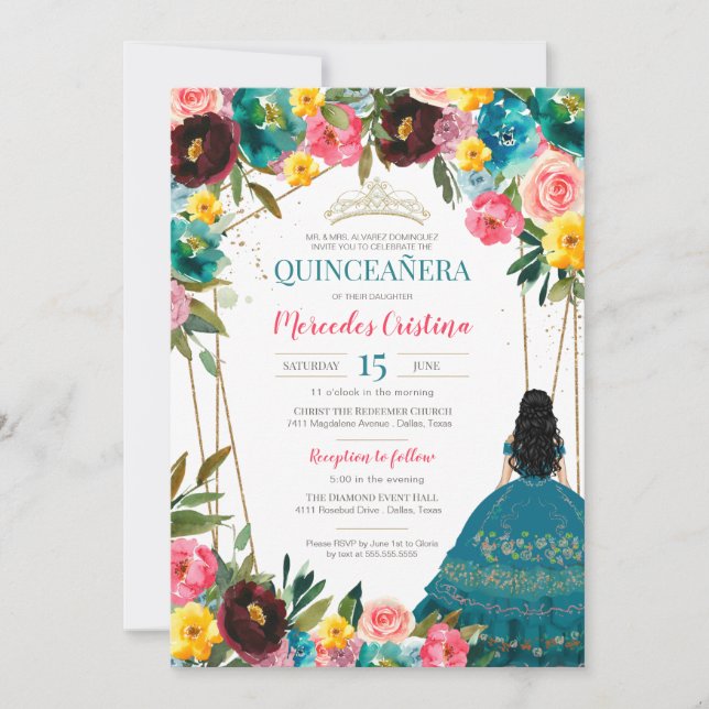 Invitación Quinceanera floral floral amarilla rosa turquesa (Anverso)