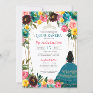 Invitación Quinceanera floral floral amarilla rosa turquesa