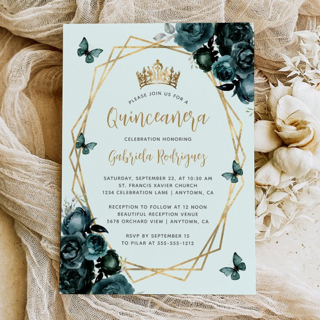 Invitación Quinceañera floral geométrica de oro verde esmeral (Subido por el creador)