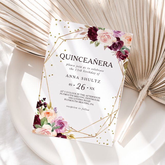 Invitación Quinceañera floral geométrica Purpurina de oro (Subido por el creador)