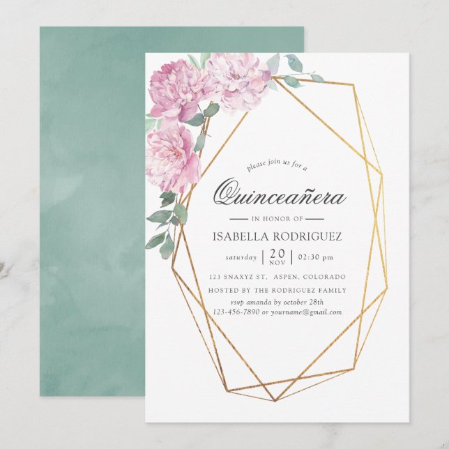 Invitación Quinceañera floral geométrica rosa y mint de Rubor (Anverso / Reverso)