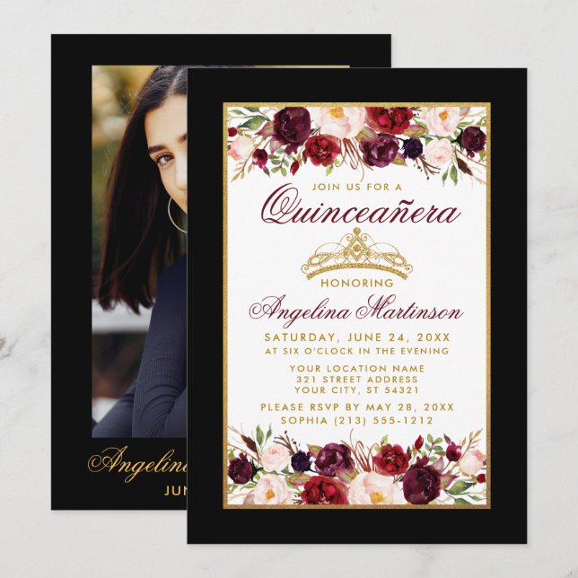 Invitación Quinceanera Floral Gold Crown Foto Black (Anverso / Reverso)
