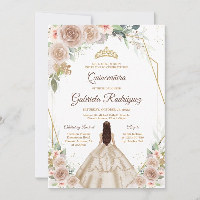 Invitación Quinceanera Floral Gold Invitation (Anverso)