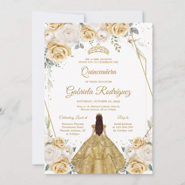 Invitación Quinceanera Floral Gold Invitation (Anverso)