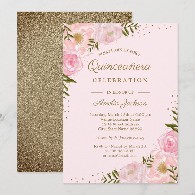 Invitación Quinceanera floral Gold Rubor (Anverso / Reverso)