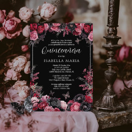 Invitación Quinceañera floral gótica rosada, roja
