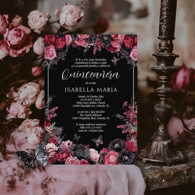 Invitación Quinceañera floral gótica rosada, roja (Gothic quinceanera invitation in Spanish with red, pink and black moody florals.)