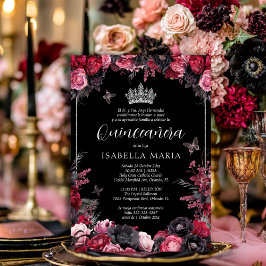 Invitación Quinceañera floral gótica rosada, roja