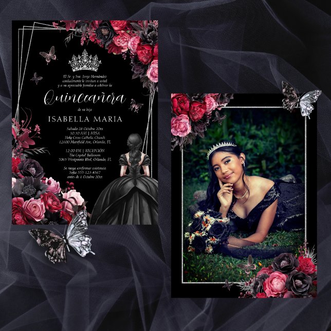 Invitación Quinceañera floral gótica rosada, roja (Gothic quinceañera invitation with princess dress & tiara in moody pink, red and black florals)