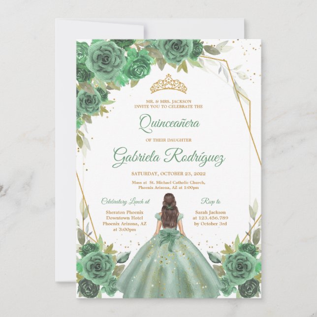 Invitación Quinceanera Floral Green Gold Invitation (Anverso)
