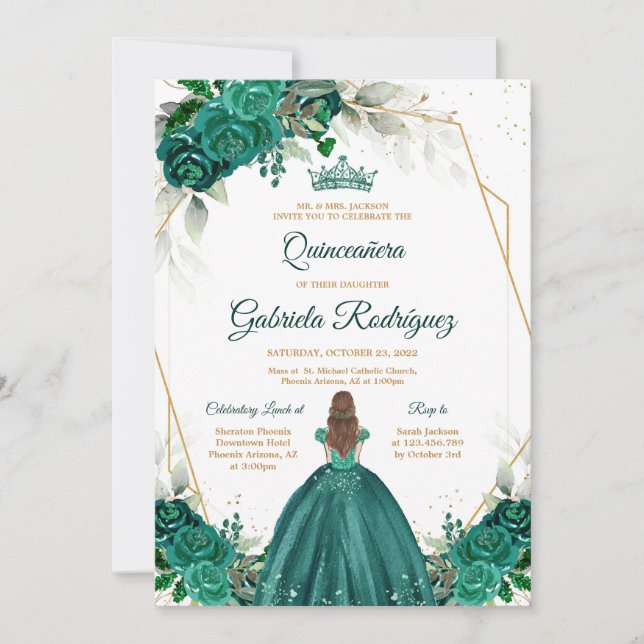 Invitación Quinceanera Floral Green Gold Invitation (Anverso)