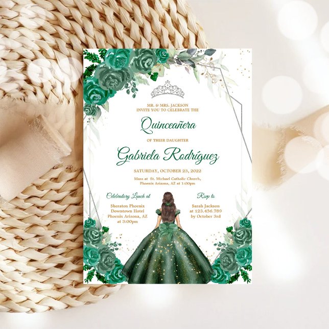 Invitación Quinceanera Floral Green Silver Invitation (Subido por el creador)