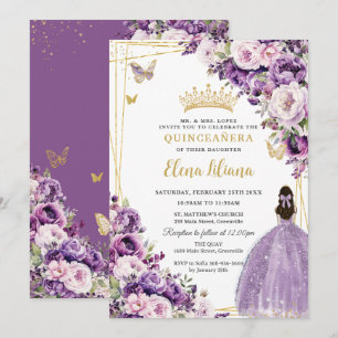 Invitación Quinceañera Floral Lila Púrpura con Toques Rosados