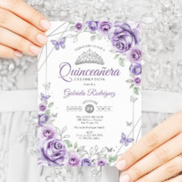 Invitación Quinceanera Floral Lilac Plata Púrpura