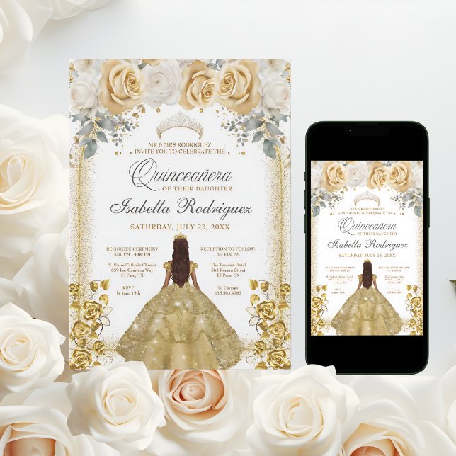 Invitación Quinceanera Floral Luxe Gold Arch Cumpleaños (Subido por el creador)