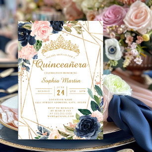 Invitación Quinceañera floral mariposa geométrica navy rubor