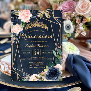 Invitación Quinceañera Floral Mariposa Geométrica Rosa Navy
