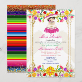Invitación Quinceañera floral mexicana colorida rosa