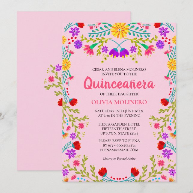 Invitación Quinceanera floral mexicana rosa 15 cumpleaños (Anverso / Reverso)
