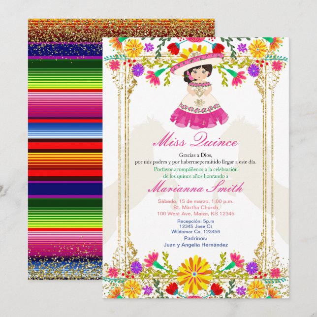 Invitación Quinceañera floral mexicana rosa colorida  (Anverso / Reverso)