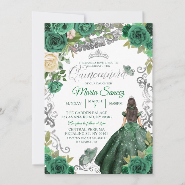 Invitación Quinceañera floral mexicana verde de caza de plata (Anverso)