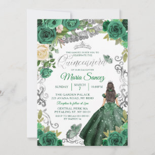 Invitación Quinceañera floral mexicana verde de caza de plata