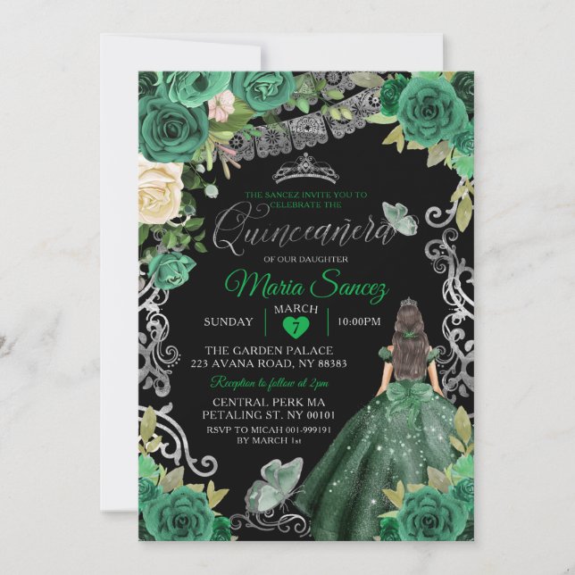 Invitación Quinceañera floral mexicana verde de caza de plata (Anverso)
