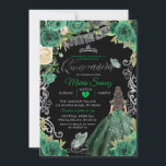 Invitación Quinceañera floral mexicana verde de caza de plata<br><div class="desc">Invitación de fondo negro de la floral floral verde mexicana de plata Quinceañera</div>