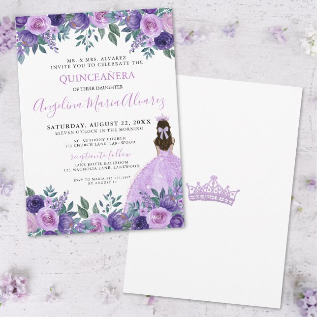 Invitación Quinceañera Floral Morado Elegante (Quinceañera Elegant Purple Flowers Invitation)
