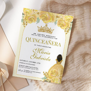 Invitación Quinceanera Floral Oro Amarillo Mis Quince Anos