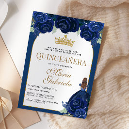 Invitación Quinceanera Floral Oro Azul Mis Quince Anos