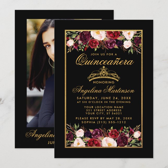 Invitación Quinceanera Floral Photo Gold Frame Crown Black (Anverso / Reverso)