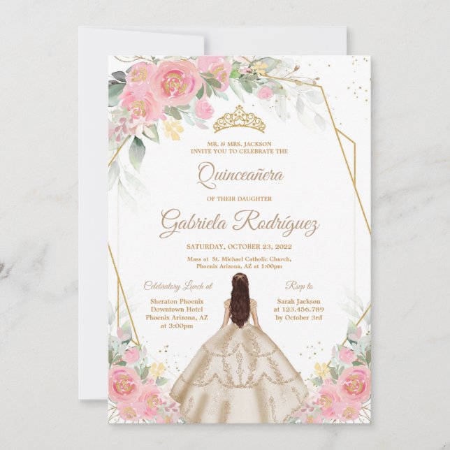 Invitación Quinceanera Floral Pink Gold Invitation (Anverso)