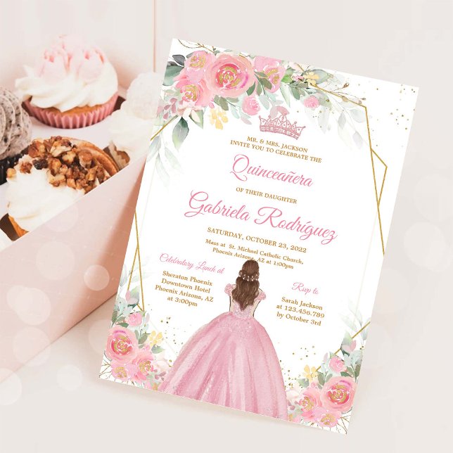 Invitación Quinceanera Floral Pink Gold Invitation (Subido por el creador)