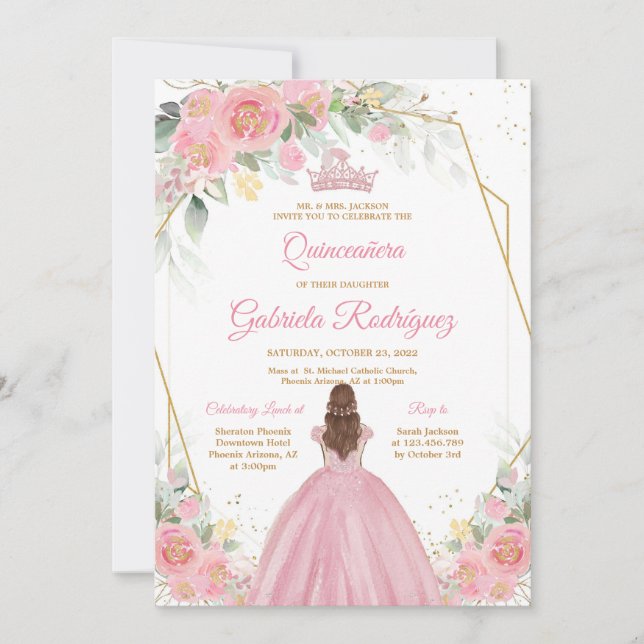 Invitación Quinceanera Floral Pink Gold Invitation (Anverso)