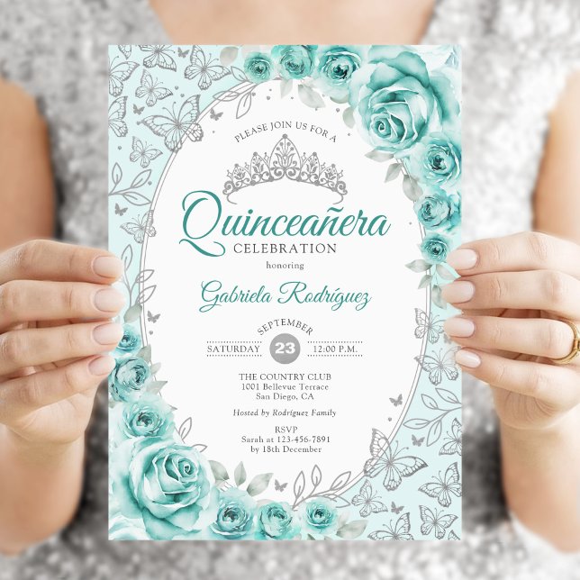 Invitación Quinceañera Floral Plata Turquesa (Subido por el creador)