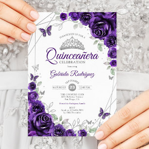 Invitación Quinceañera Floral Plateada Púrpura