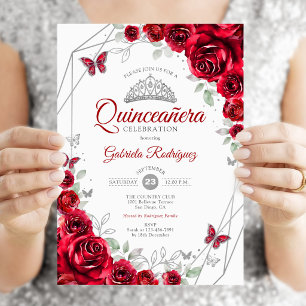 Invitación Quinceañera Floral Plateada Roja