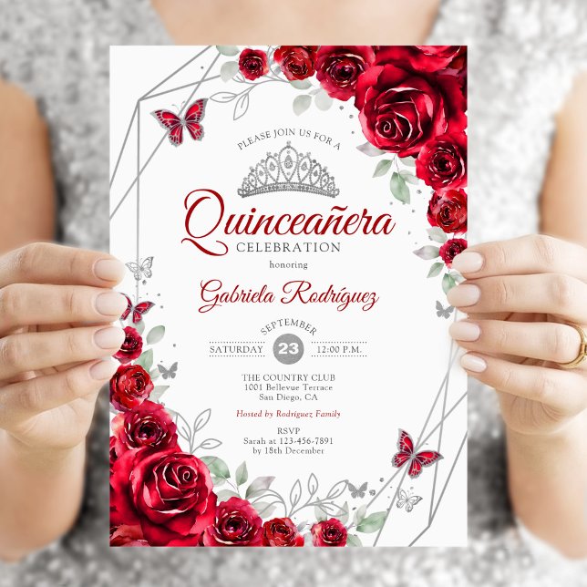 Invitación Quinceañera Floral Plateada Roja (Subido por el creador)