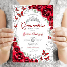 Quinceañera Floral Plateada Roja