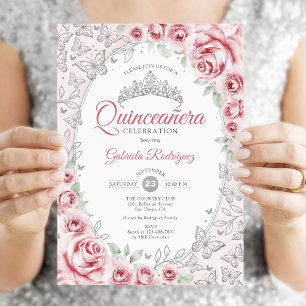 Invitación Quinceañera Floral Plateada Rosa