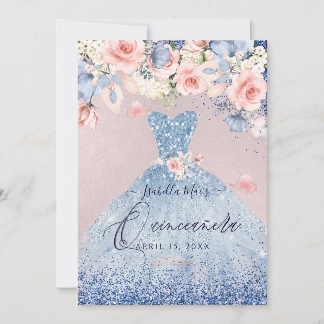 Invitación Quinceañera Floral Polvo Azul Brillo Vestido (Anverso)