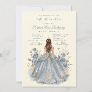Invitación Quinceañera Floral Princesa Azul Polvo Oro