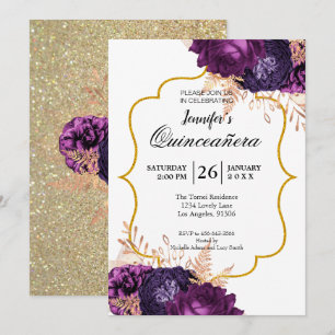 Invitación Quinceañera Floral Purpura Brillante