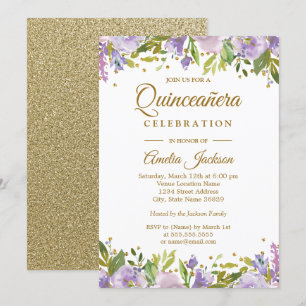 Invitación Quinceañera Floral Purpura Brillo Dorad