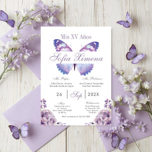 Invitación Quinceañera Floral Púrpura con Mariposas