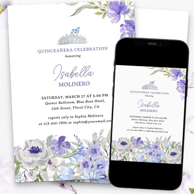 Invitación Quinceanera floral púrpura de la princesa (Purple floral quinceanera invitation with silver tiara and butterfly)