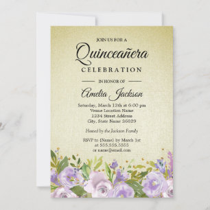 Invitación Quinceañera Floral Purpura Dorada con B