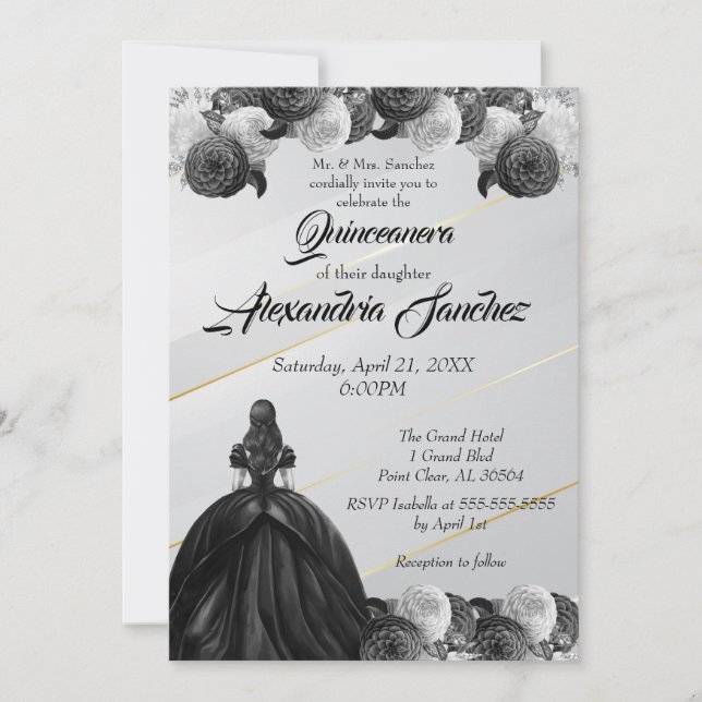 Invitación Quinceanera floral rayada de oro blanco y negro (Anverso)