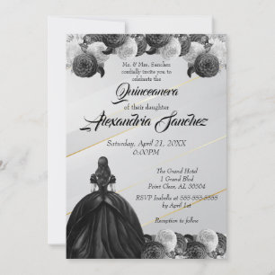 Invitación Quinceanera floral rayada de oro blanco y negro